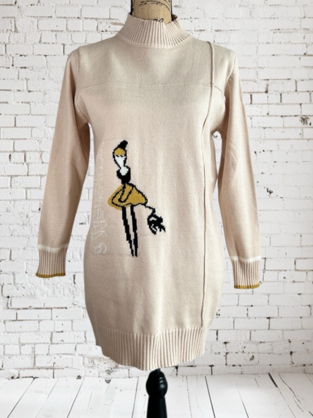 Parisian Artistic Design Mock Neck Cream Sweater Dress